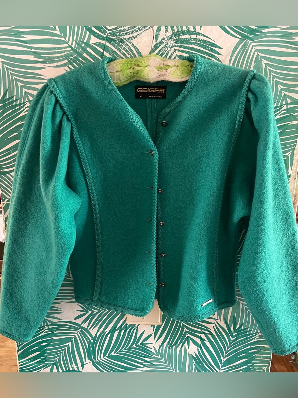 Vintage Geiger boiled wool cardigan Teal Wool Jacket puff shoulders sz 40”